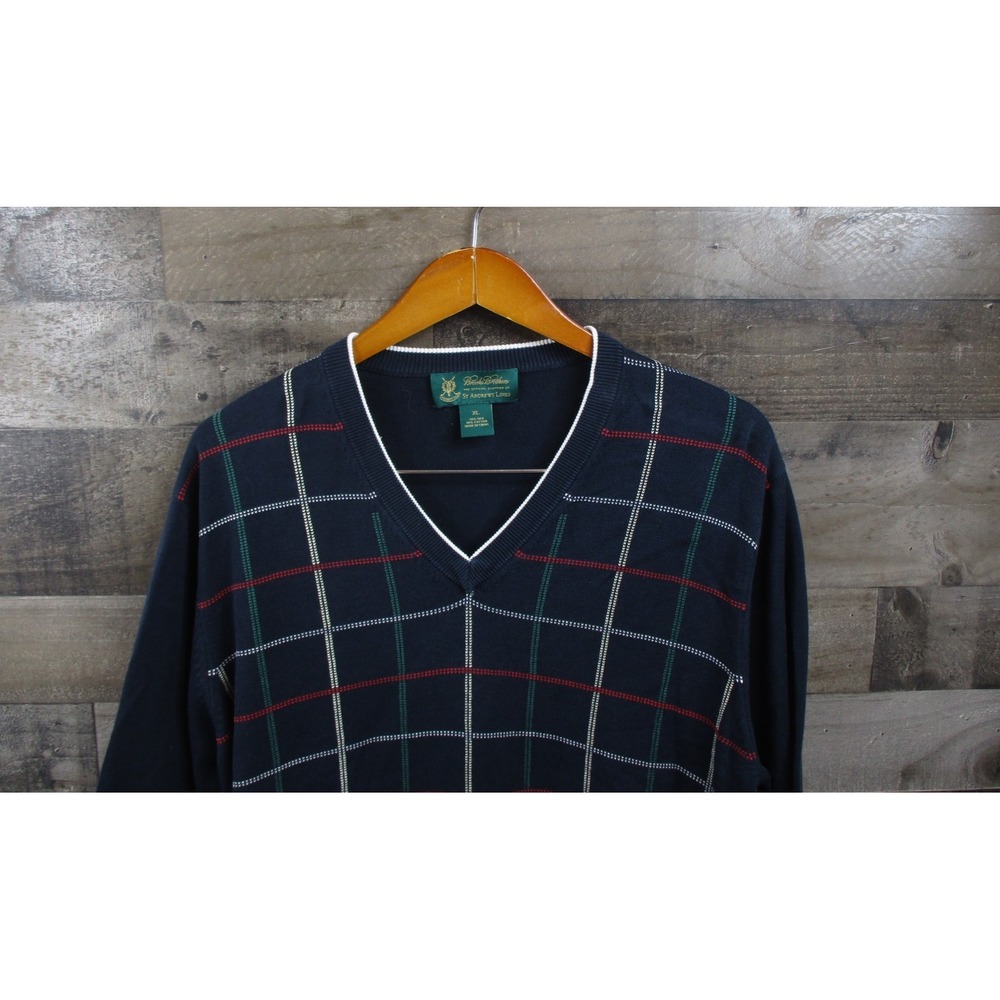 Brooks Brothers Sweater Mens XL Blue St Andrews Links Plaid Silk Cotton Pullover